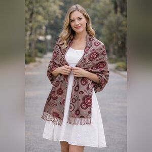 pashmina Taupe and Burgundy Circular Print Fringe Shawl